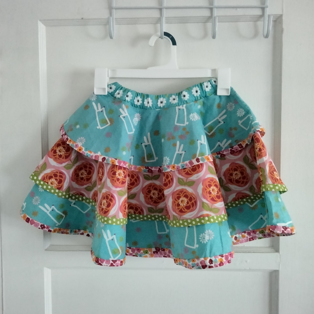 Jelly The Pug Floral Bunny Hop Twirl Skirt Size 8 Ruffles Triple Layer Aqua NWT